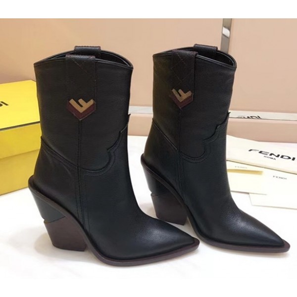 Fendi Heel 10cm Cowboy F-shaped embroidery Ankle Boots Black 2018