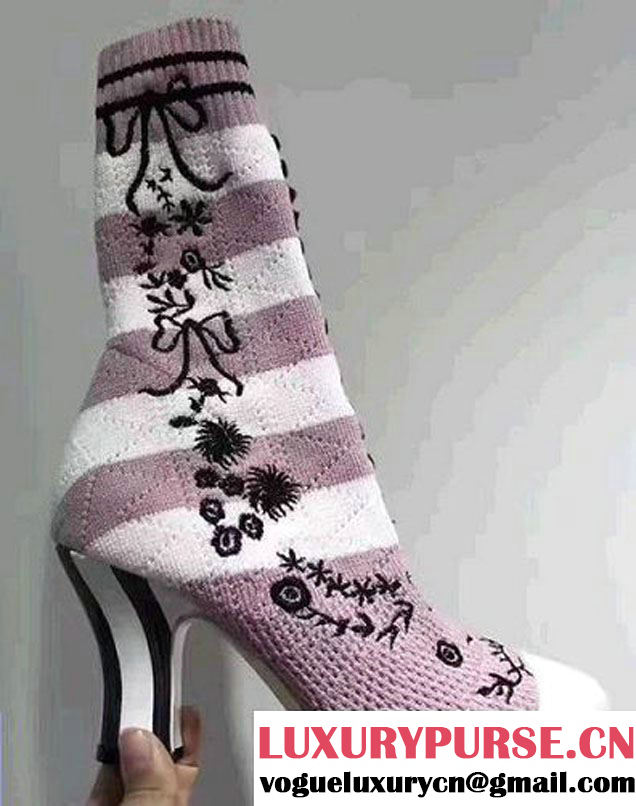 Fendi Heel 8.5cm Rockoko Runway Striped Yarn Embroidered Boots Pink/White 2017