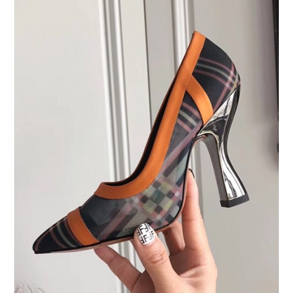 Fendi FF Mesh Fabric Heel 9cm Pumps Orange 2018