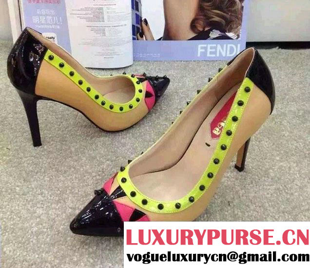 Fendi Heel 10cm Monster Eyes with Studs Pumps Apricot 2015