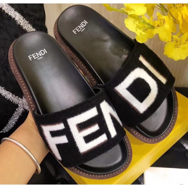 Fendi Fabric Black Slides Sandals Logo White 2018