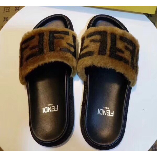 Fendi Leather And Shearling Slides Sandals FF Brown 2018