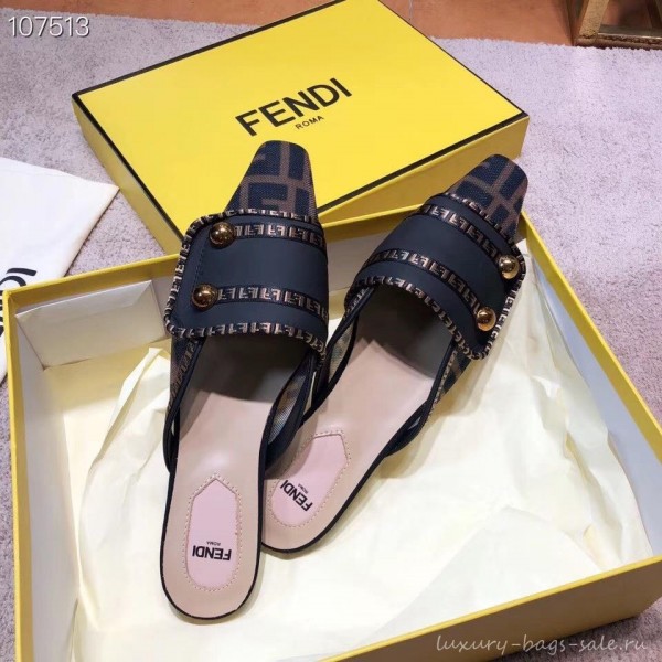 Fendi FF Fabric Sabots Slippers Black 2019