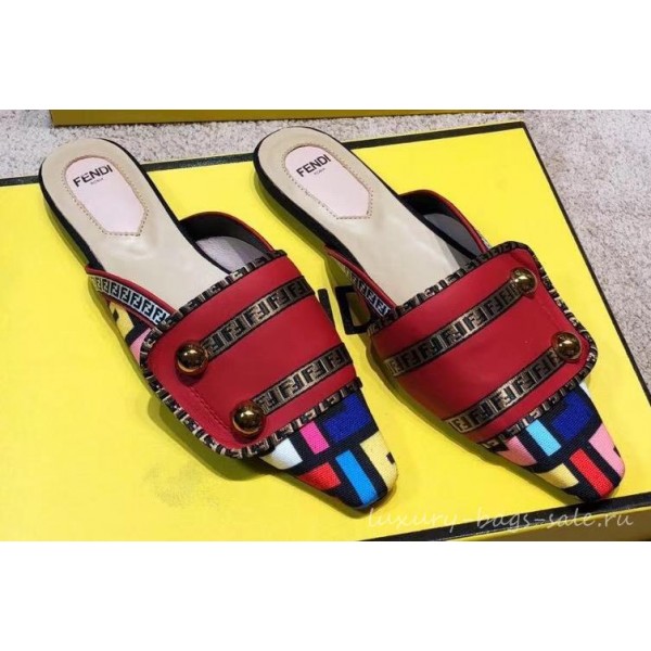 Fendi FF Fabric Sabots Slippers Red 2019