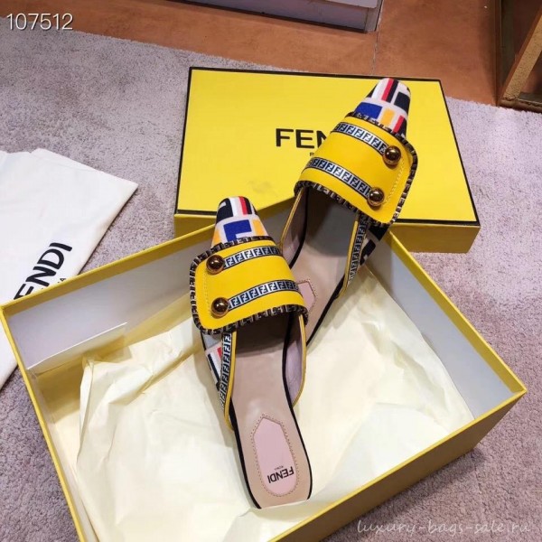 Fendi FF Fabric Sabots Slippers Yellow 2019