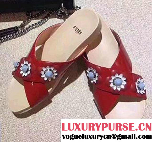 Fendi Patent Crossover Leather With Flowers and Studs Flat Slipper 2017