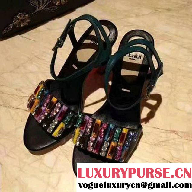 Fendi Black Leather Sculpture Sandals With Multicolor Crystals 2017 (SZ3023-7042034 )