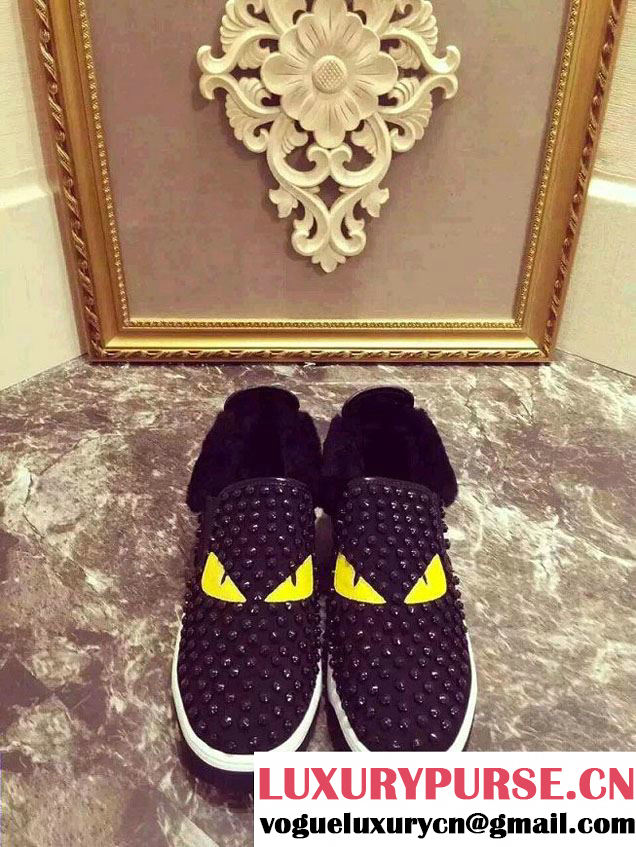 fendi black studded monster loafers with fur