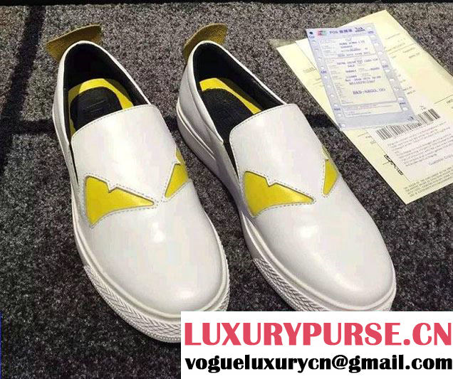 Fendi Leather Monster Eyes Bugs Flat Slip-on Sneakers White 2016