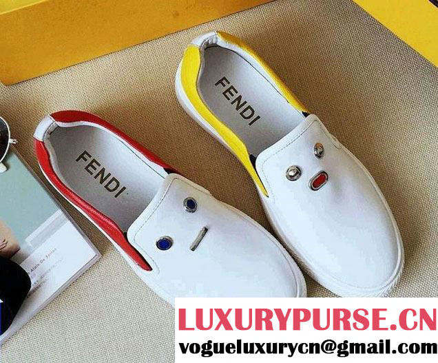 Fendi Studs Monster Eyes Bugs Flat Slip-on Sneakers White 2016