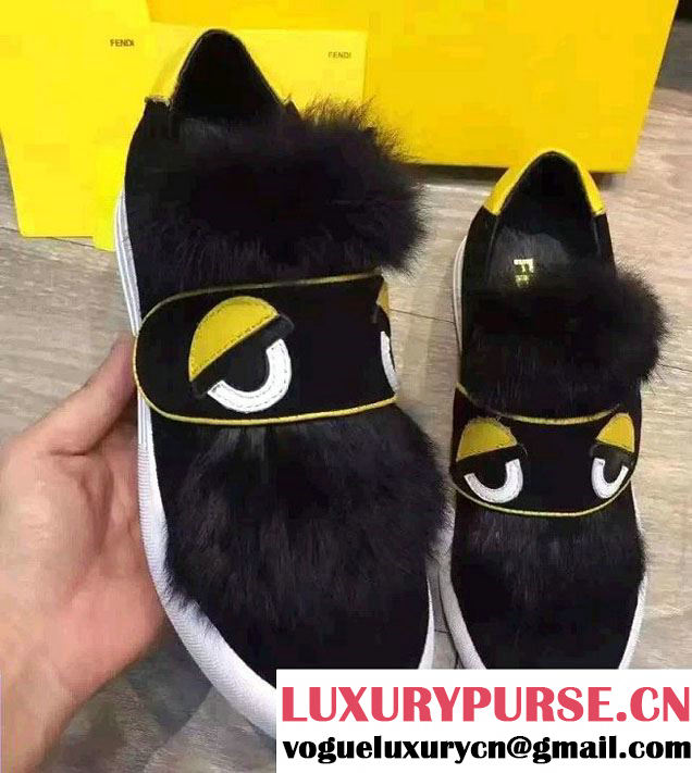 Fendi Rabbit Hair Monster Eyes Bugs Flat Slip-on Sneakers Black 2016