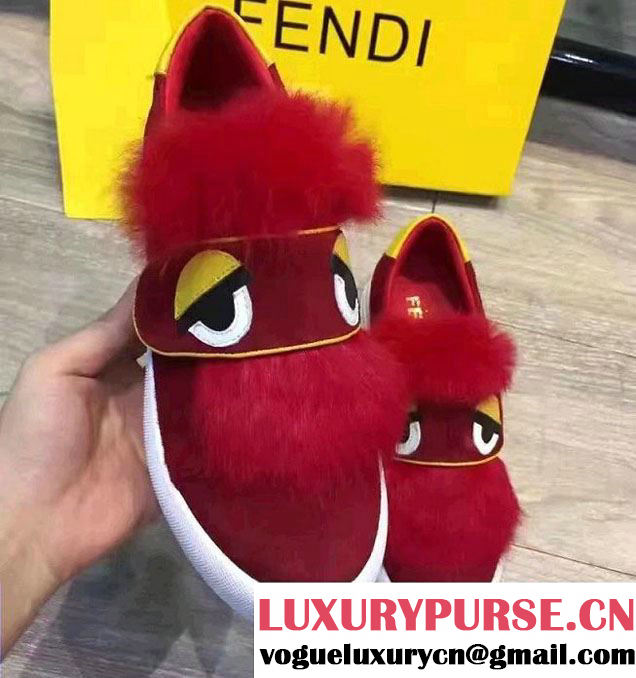 Fendi Rabbit Hair Monster Eyes Bugs Flat Slip-on Sneakers Red 2016