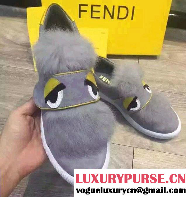 Fendi Rabbit Hair Monster Eyes Bugs Flat Slip-on Sneakers Gray 2016