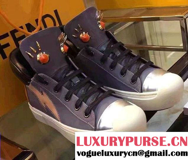 Fendi Multicolored Metal And Studs Faces Motif High-Top Sneakers Gray Blue 2017