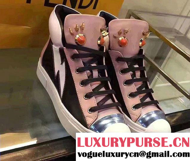 Fendi Multicolored Metal And Studs Faces Motif High-Top Sneakers Pink 2017