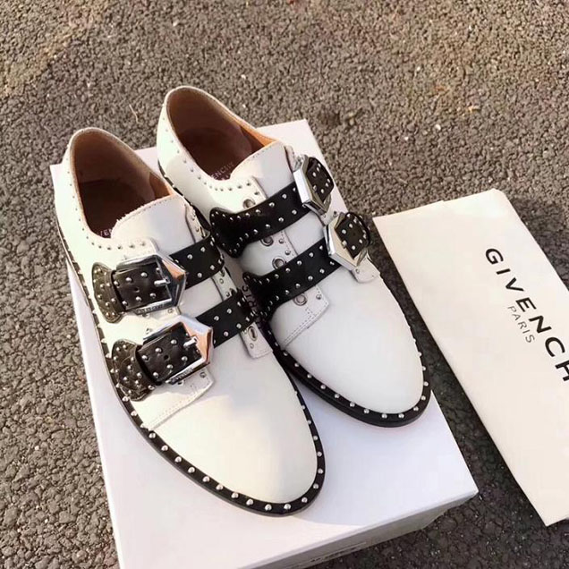 Givenchy Elegant Studded Buckle Monk Strap Oxford Calfskin Leather Fall Winter 2017 Collection White Black