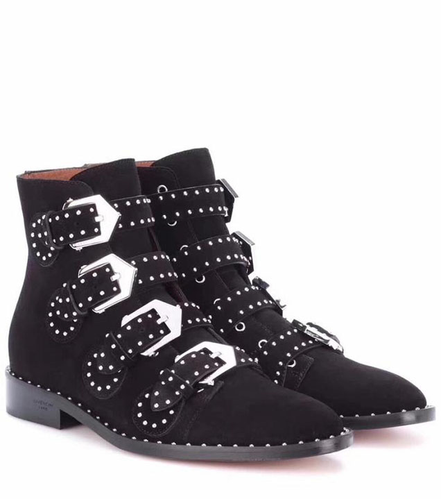 Givenchy Elegant Studded Buckle Ankle Boots Suede Calfskin Leather Fall Winter 2017 Collection Black