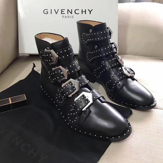 Givenchy Elegant Studded Buckle Ankle Boots Calfskin Leather Fall Winter 2017 Collection Black