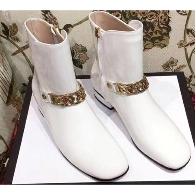 Gucci Chain Leather Boots White 2018