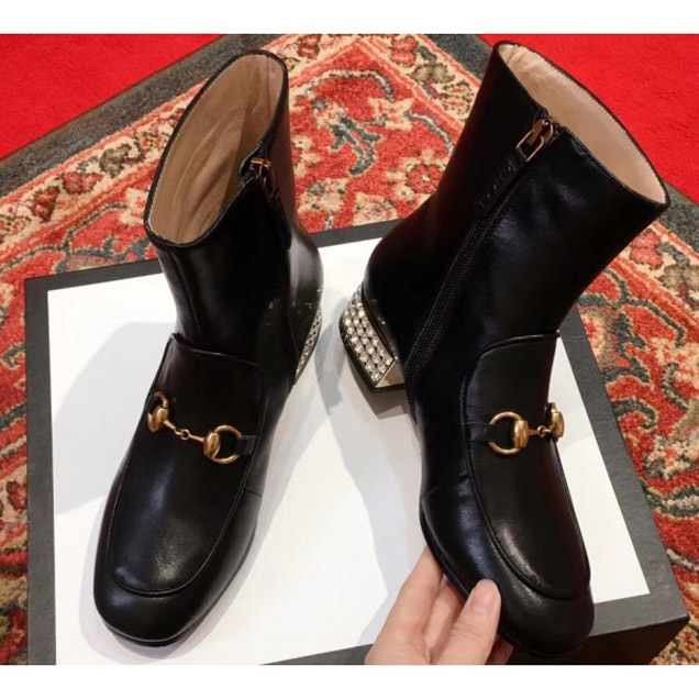 Gucci Horsebit Leather Boots With Crystals Black 2018