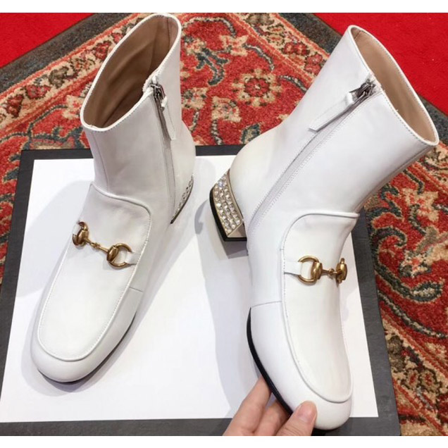 Gucci Horsebit Leather Boots With Crystals White 2018