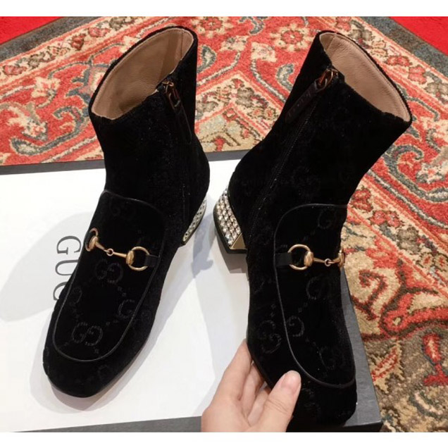 Gucci Horsebit GG Velvet Boots With Crystals Black 2018