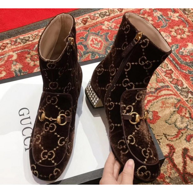 Gucci Horsebit GG Velvet Boots With Crystals Coffee 2018