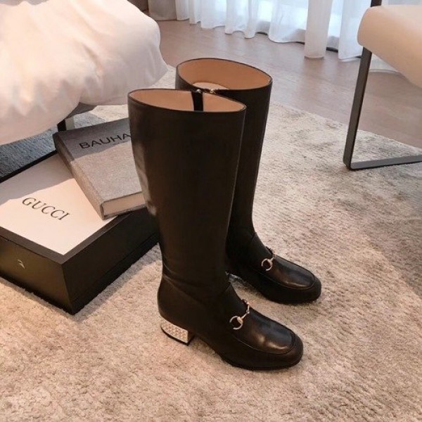 Gucci Horsebit Knee High Boots with Crystals Calfskin Leather Fall/Winter 2018 Collection, Black