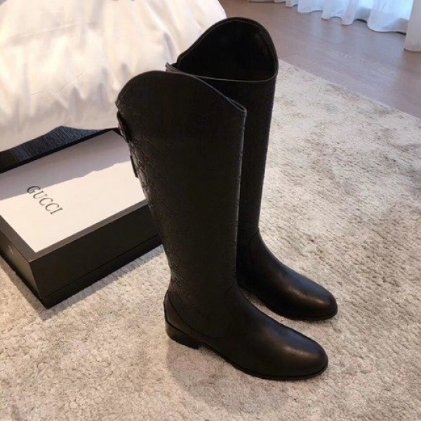 Gucci GG Knee High Riding Boots Calfskin Leather Fall/Winter 2018 Collection, Black