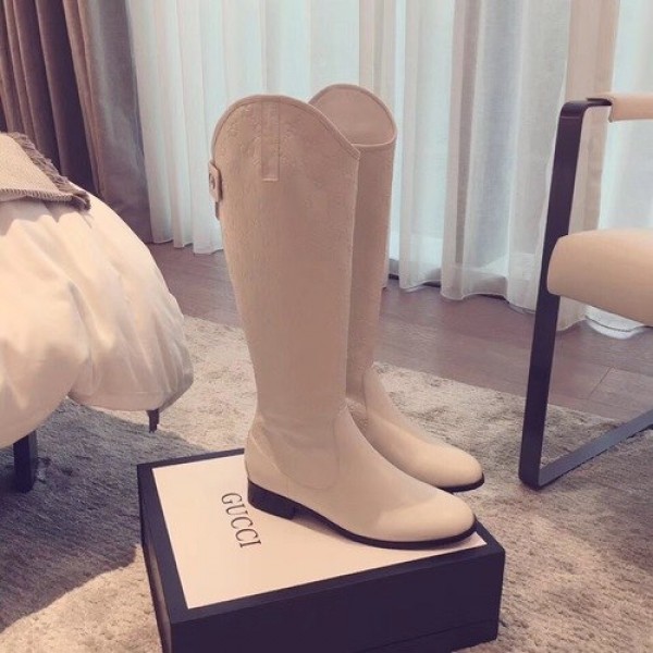 Gucci GG Knee High Riding Boots Calfskin Leather Fall/Winter 2018 Collection, White