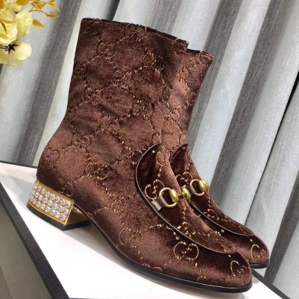 Gucci Horsebit GG Velvet Boot with Crystals Brown 2018 Collection