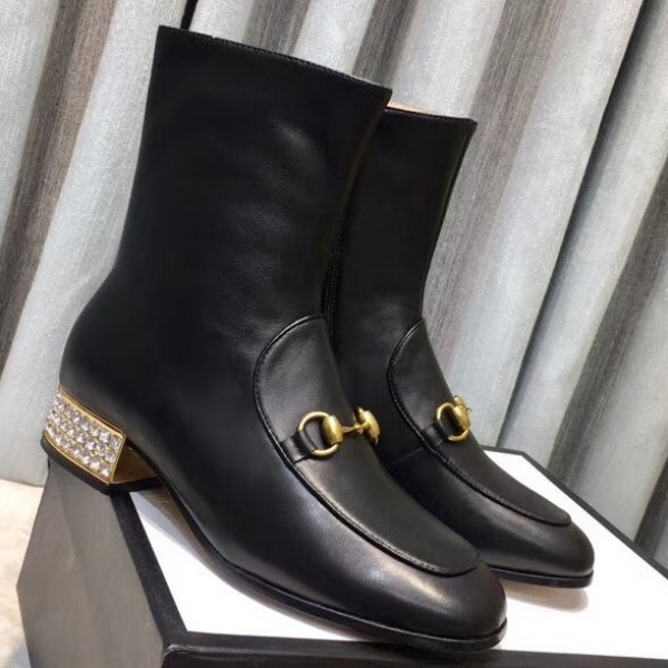 Gucci Black Leather Horsebit Ankle Boot with Crystal 2018 Collection