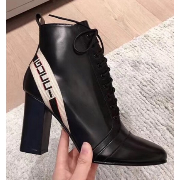 Gucci Leather Heel Ankle Lace-up Boots With Logo Strap Black 2018