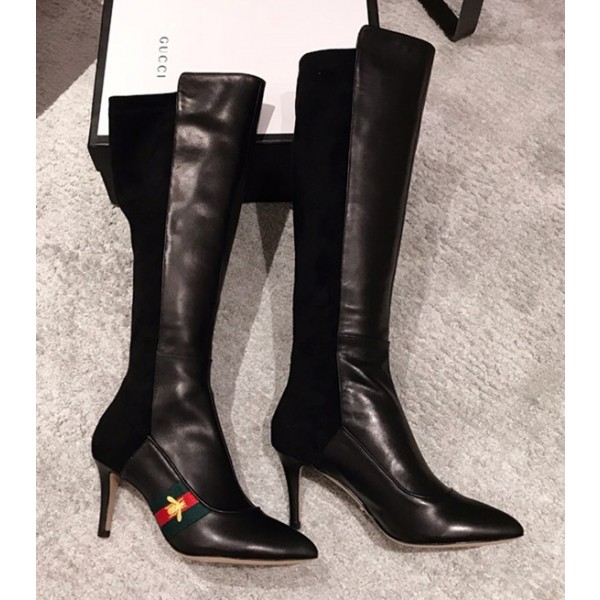 Gucci Bee Web Leather Knee Boot Black 2018