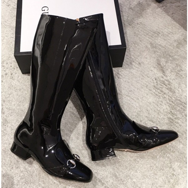 Gucci Jordaan Horsebit Patent Leather Knee Boot Black 2018