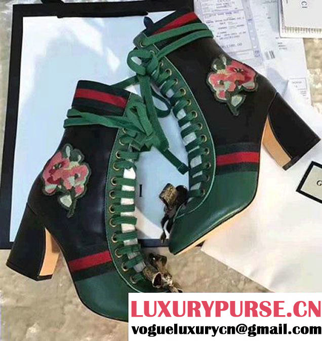 Gucci Finnlay Leather Web Embroidered Floral Metal Bow Detail Lace-up Ankle Boots Green/ Black 2017