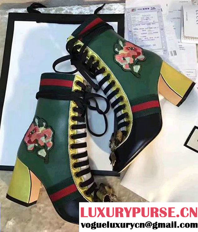 Gucci Finnlay Leather Web Embroidered Floral Metal Bow Detail Lace-up Ankle Boots Green/ Black/Yellow 2017