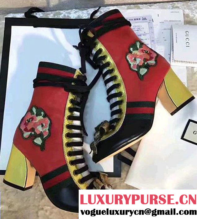 Gucci Finnlay Leather Web Embroidered Floral Metal Bow Detail Lace-up Ankle Boots Black/ Red 2017