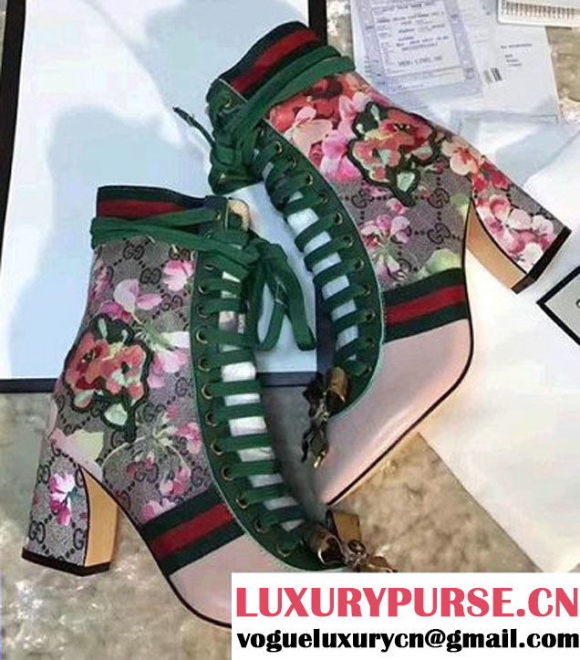 Gucci GG Canvas And Leather Patchwork Embroidered Floral Metal Bow Detail Lace-up Ankle Boots Nude 2017