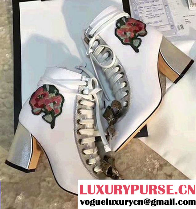 Gucci Finnlay Leather Embroidered Floral Metal Bow Detail Lace-up Ankle Boots White 2017