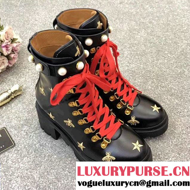 Gucci Embroidered Leather Ankle Boot With Pearls 497372 2017 (GD5002-7121933 )