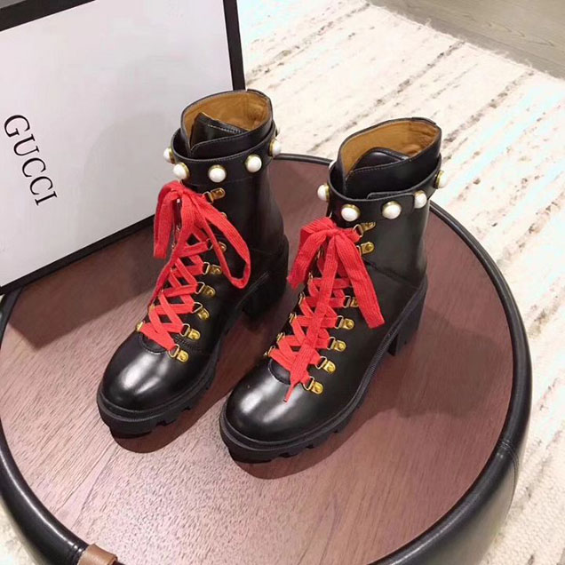 Gucci Trip Lace Up Ankle Boots with Pearl Detail Calfskin Leather Fall Winter 2017 Collection Black