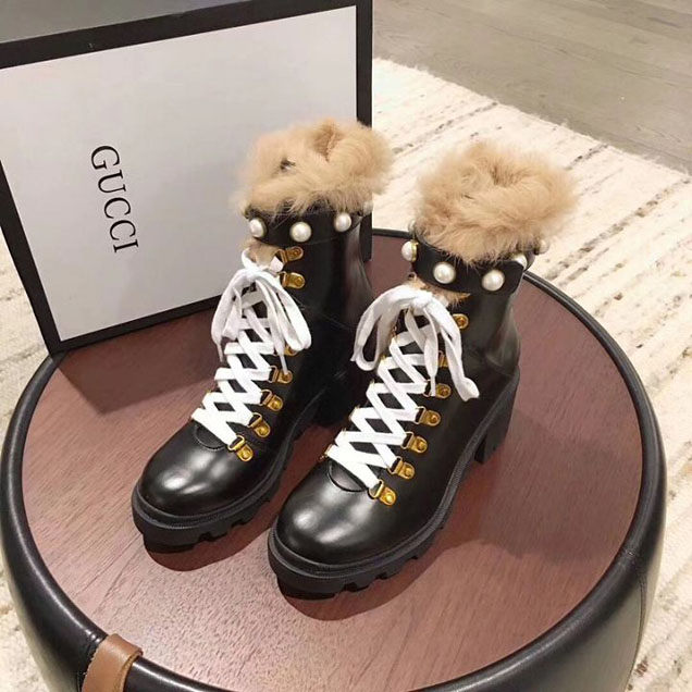 Gucci Trip Lace Up Ankle Boots with Fur Pearl Detail Calfskin Leather Fall Winter 2017 Collection Black