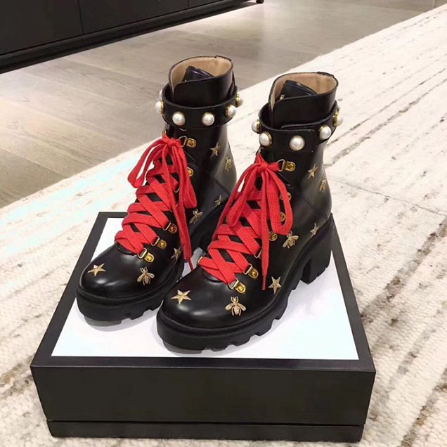 Gucci Trip Lace Up Ankle Boots with Bee Embroidery Pearl Detail Calfskin Leather Fall Winter 2017 Collection Black