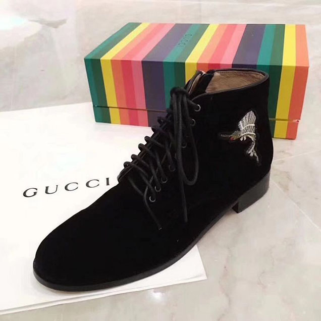 Gucci Velvet Lace Up Ankle Boots with Donald Duck Motif 448657 Calfskin Leather Spring Summer 2017 Collection Black