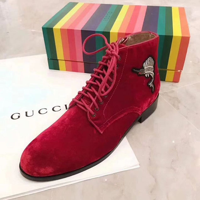 Gucci Velvet Lace Up Ankle Boots with Donald Duck Motif 448657 Calfskin Leather Spring Summer 2017 Collection Red