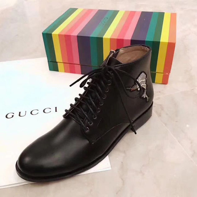 Gucci Lace Up Ankle Boots with Donald Duck Motif 448657 Calfskin Leather Spring Summer 2017 Collection Black