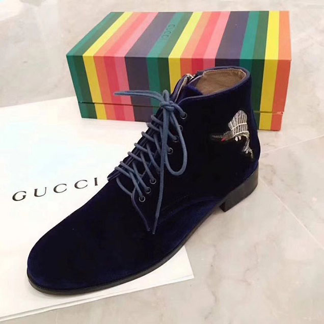 Gucci Velvet Lace Up Ankle Boots with Donald Duck Motif 448657 Calfskin Leather Spring Summer 2017 Collection Navy Blue