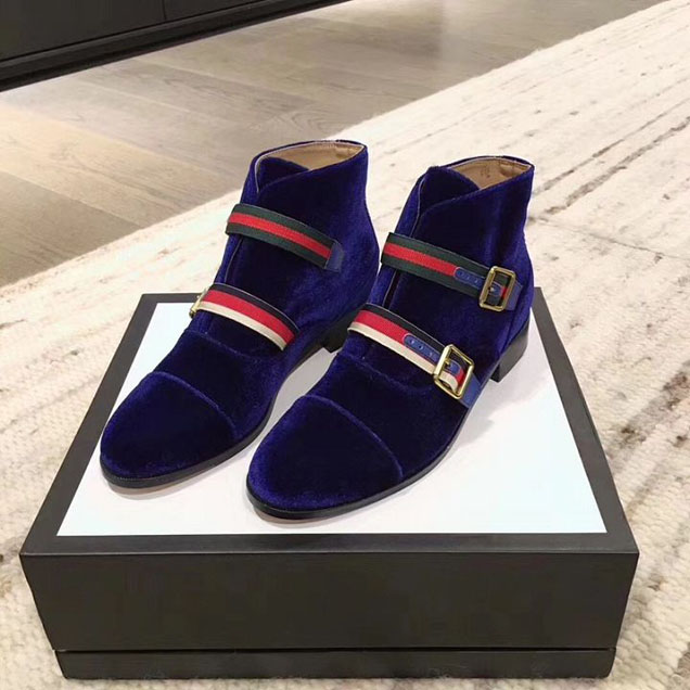 Gucci Mens Velvet Boot With Web Straps 411767 Calfskin Leather Spring Summer 2017 Collection Electric Blue