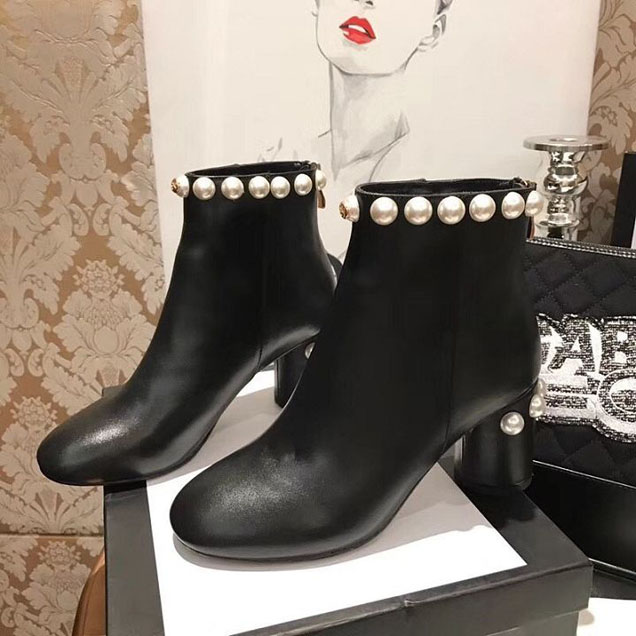 Gucci Pearl Embellished Ankle Boots Calfskin Leather Spring Summer 2018 Collection Black